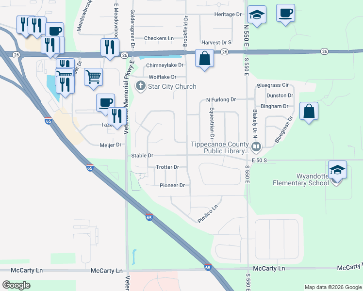 map of restaurants, bars, coffee shops, grocery stores, and more near 5183 Saddle Drive in Lafayette