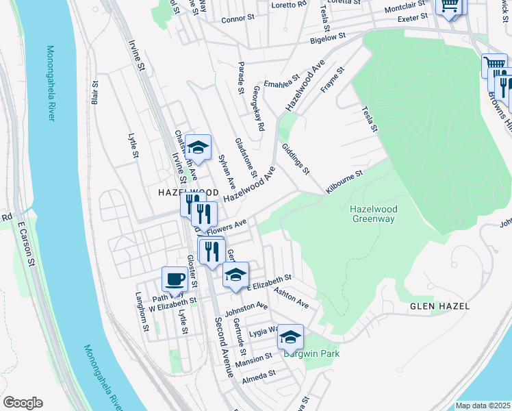 map of restaurants, bars, coffee shops, grocery stores, and more near 307 Flowers Avenue in Pittsburgh