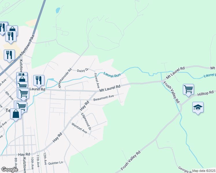 map of restaurants, bars, coffee shops, grocery stores, and more near 1605 Mount Laurel Road in Temple