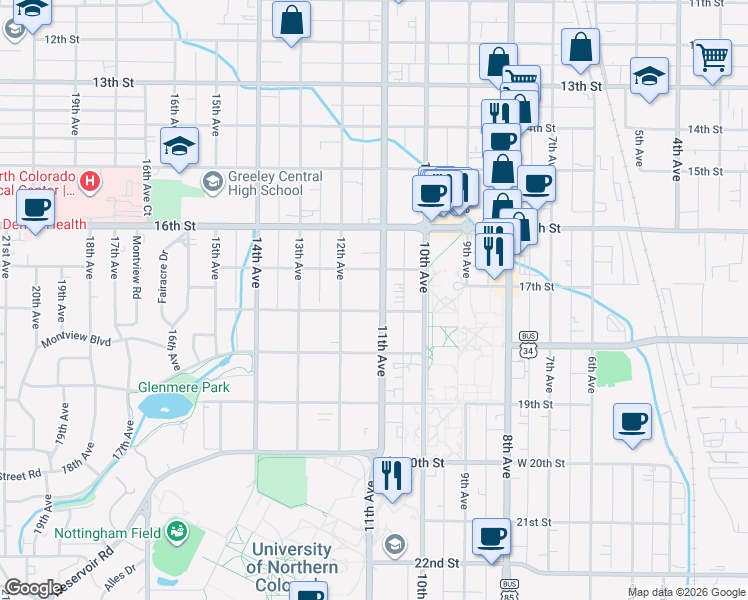 map of restaurants, bars, coffee shops, grocery stores, and more near 1729 11th Avenue in Greeley