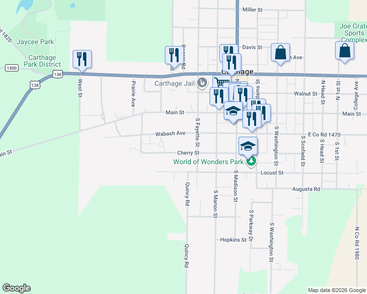 map of restaurants, bars, coffee shops, grocery stores, and more near 201-299 Cherry St in Carthage