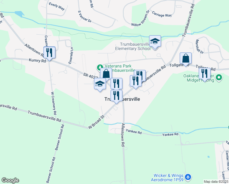 map of restaurants, bars, coffee shops, grocery stores, and more near 22 Main Street North in Trumbauersville