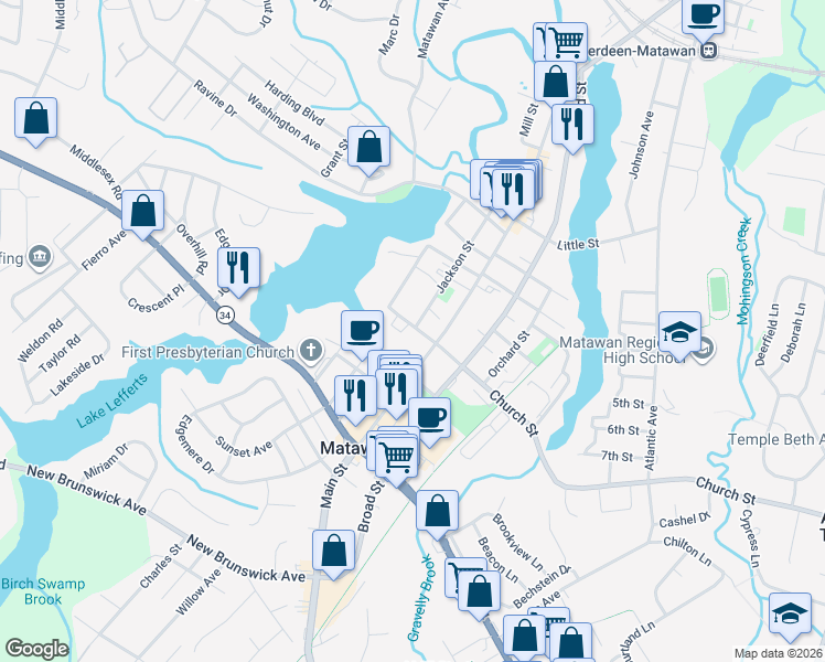 map of restaurants, bars, coffee shops, grocery stores, and more near 16 Church Street in Matawan
