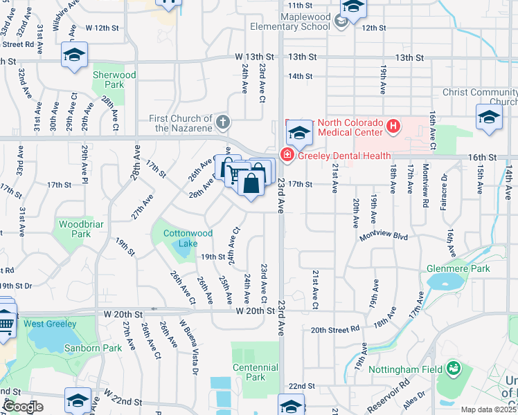 map of restaurants, bars, coffee shops, grocery stores, and more near 1717 23rd Avenue in Greeley