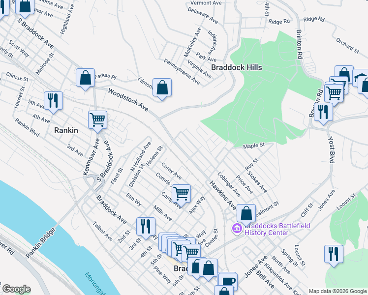 map of restaurants, bars, coffee shops, grocery stores, and more near 223 Hawkins Avenue in Braddock