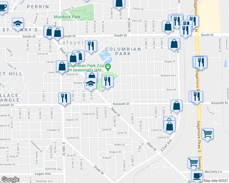 map of restaurants, bars, coffee shops, grocery stores, and more near 603 South 24th Street in Lafayette