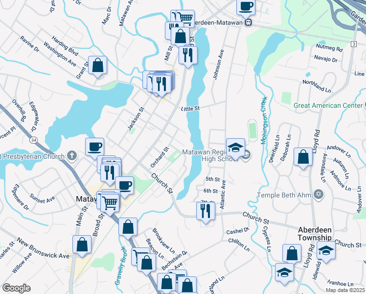 map of restaurants, bars, coffee shops, grocery stores, and more near 34 Center Street in Matawan