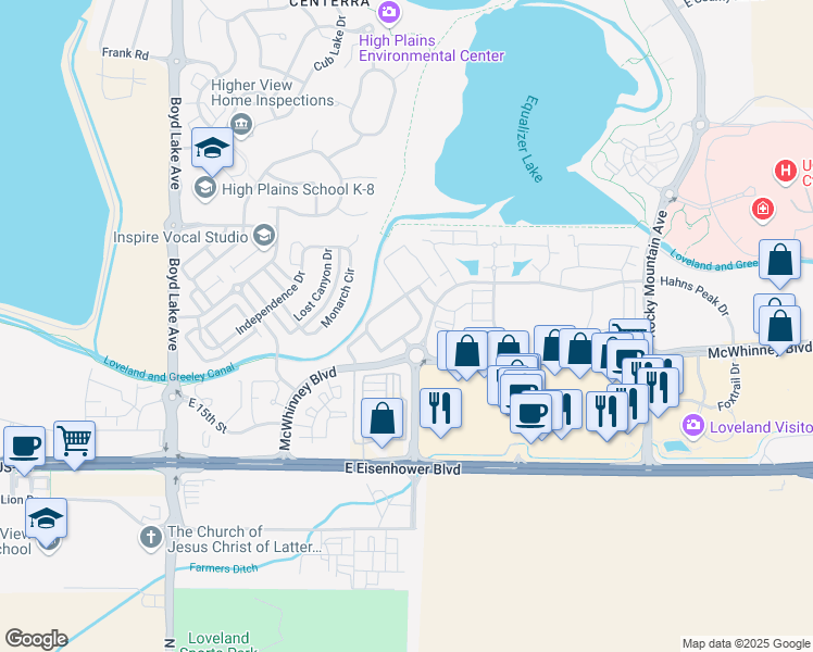 map of restaurants, bars, coffee shops, grocery stores, and more near 1963 Grays Peak Drive in Loveland