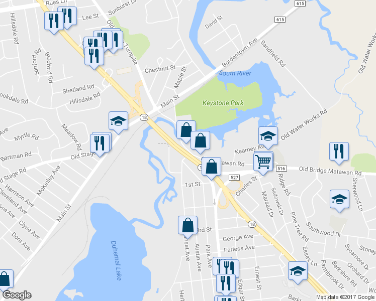 map of restaurants, bars, coffee shops, grocery stores, and more near 28 Old Matawan Road in Old Bridge Township