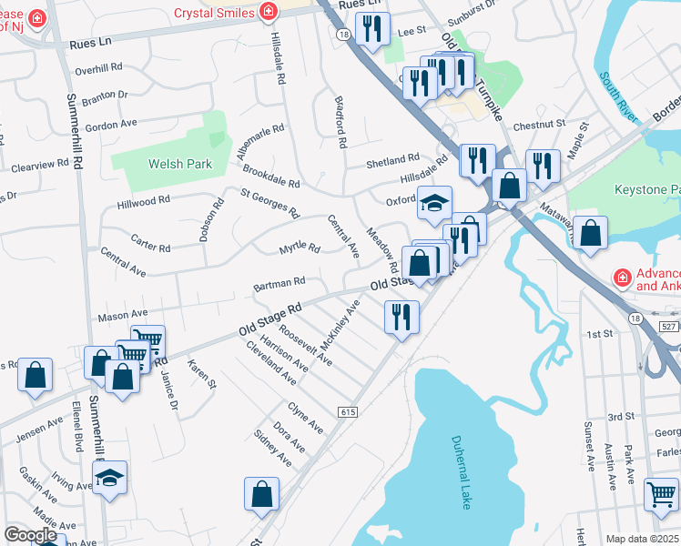 map of restaurants, bars, coffee shops, grocery stores, and more near 8 Preston Road in East Brunswick