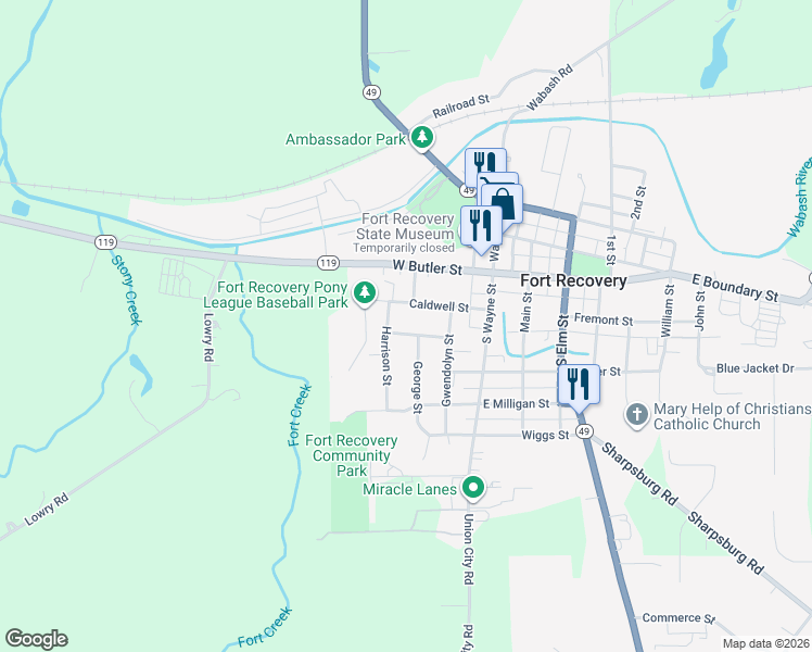 map of restaurants, bars, coffee shops, grocery stores, and more near 202 Washington St in Fort Recovery