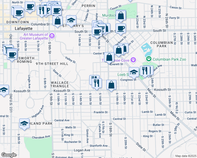 map of restaurants, bars, coffee shops, grocery stores, and more near 526 S 16th St in Lafayette