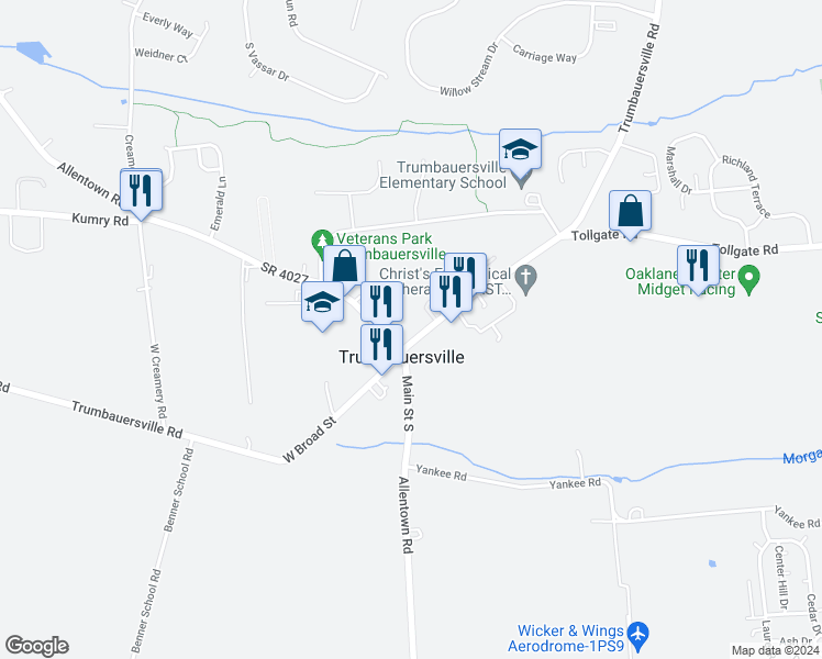 map of restaurants, bars, coffee shops, grocery stores, and more near 13 East Broad Street in Trumbauersville