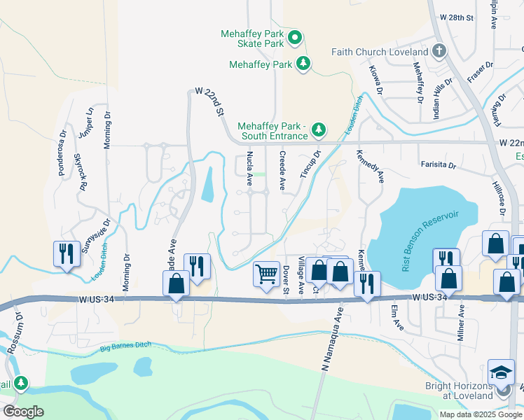 map of restaurants, bars, coffee shops, grocery stores, and more near 1905 Rio Blanco Avenue in Loveland
