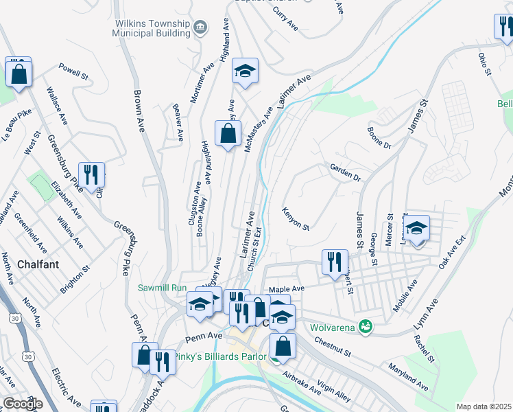 map of restaurants, bars, coffee shops, grocery stores, and more near 534 Larimer Avenue in Turtle Creek