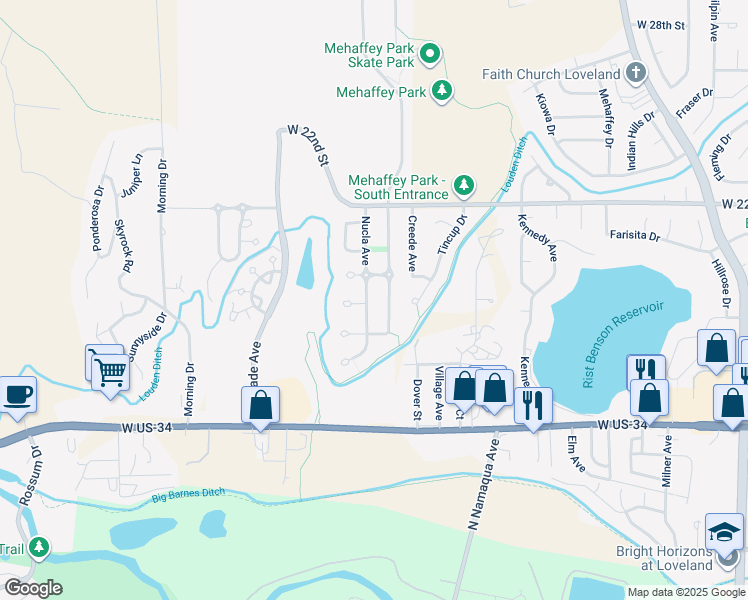 map of restaurants, bars, coffee shops, grocery stores, and more near 1905 Rio Blanco Avenue in Loveland