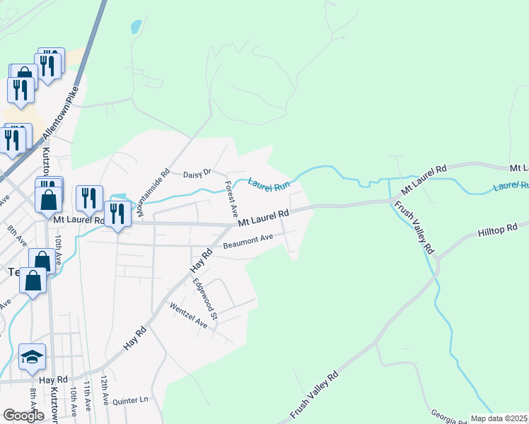 map of restaurants, bars, coffee shops, grocery stores, and more near 1605 Mount Laurel Road in Temple