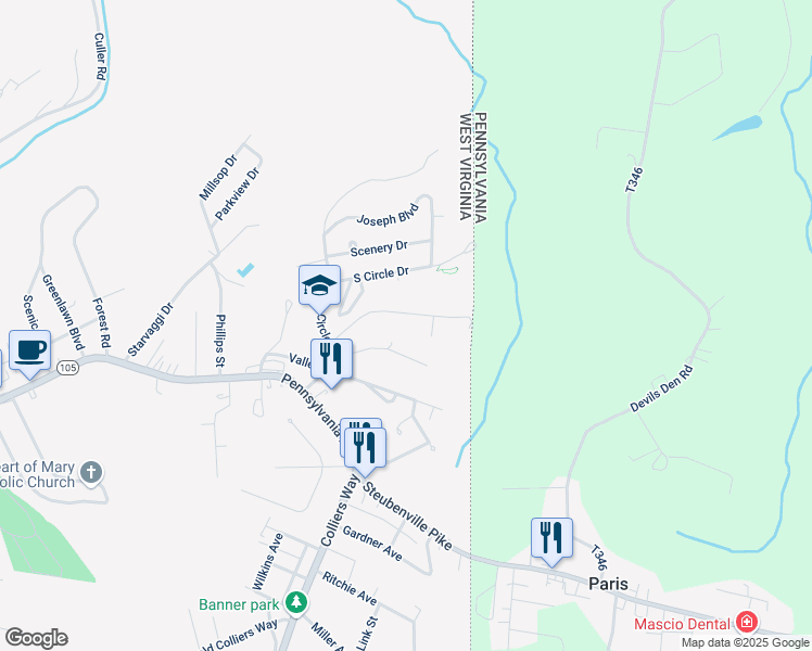 map of restaurants, bars, coffee shops, grocery stores, and more near 172 Kathleen Way in Weirton
