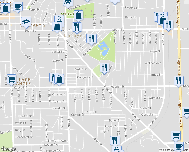 map of restaurants, bars, coffee shops, grocery stores, and more near 2115 Main Street in Lafayette