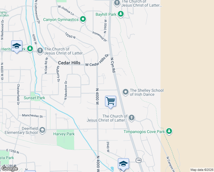 map of restaurants, bars, coffee shops, grocery stores, and more near 3950 West 9850 North in Pleasant Grove