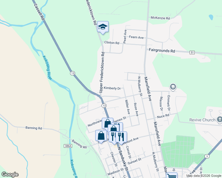 map of restaurants, bars, coffee shops, grocery stores, and more near 310 Kimberly Drive in Mount Vernon