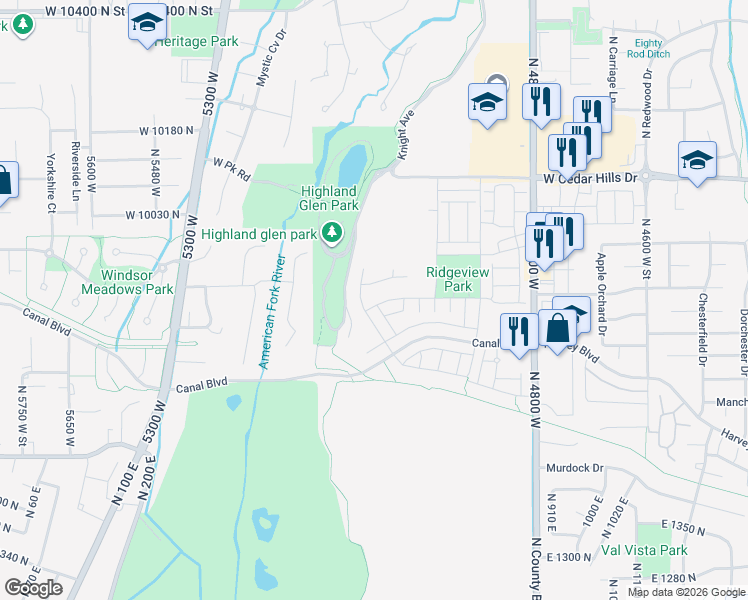 map of restaurants, bars, coffee shops, grocery stores, and more near 5092 Elmfield Way in Highland