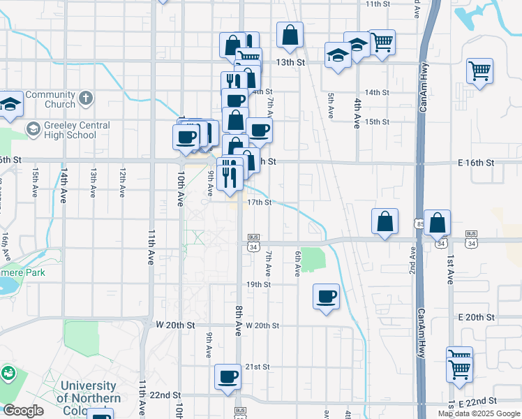 map of restaurants, bars, coffee shops, grocery stores, and more near 1705 7th Avenue in Greeley