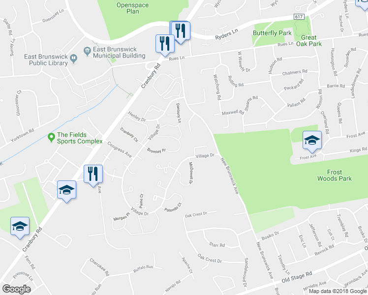 map of restaurants, bars, coffee shops, grocery stores, and more near 303 Bromley Place in East Brunswick