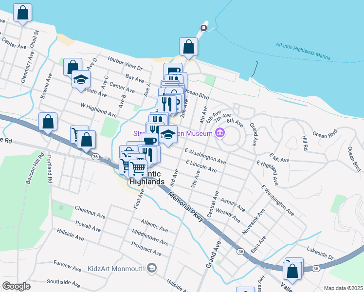 map of restaurants, bars, coffee shops, grocery stores, and more near 77 3rd Avenue in Atlantic Highlands
