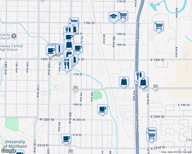 map of restaurants, bars, coffee shops, grocery stores, and more near 516 17th Street in Greeley