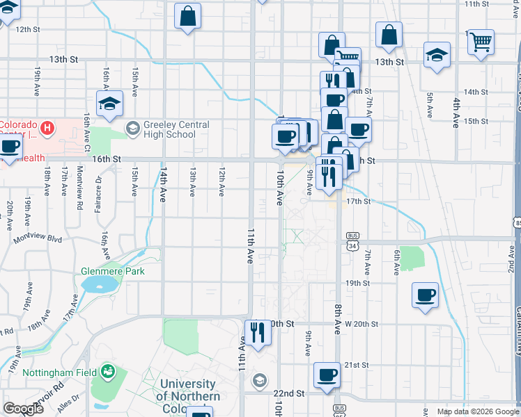 map of restaurants, bars, coffee shops, grocery stores, and more near 1017 18th Street in Greeley