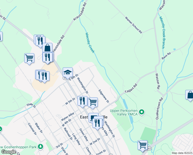 map of restaurants, bars, coffee shops, grocery stores, and more near 1419 Edgeview Street in East Greenville