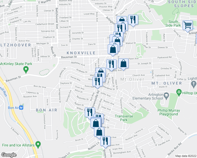 map of restaurants, bars, coffee shops, grocery stores, and more near 201 Moore Avenue in Pittsburgh