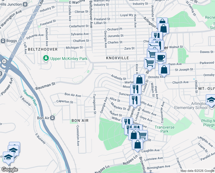 map of restaurants, bars, coffee shops, grocery stores, and more near 347 Suncrest Street in Pittsburgh