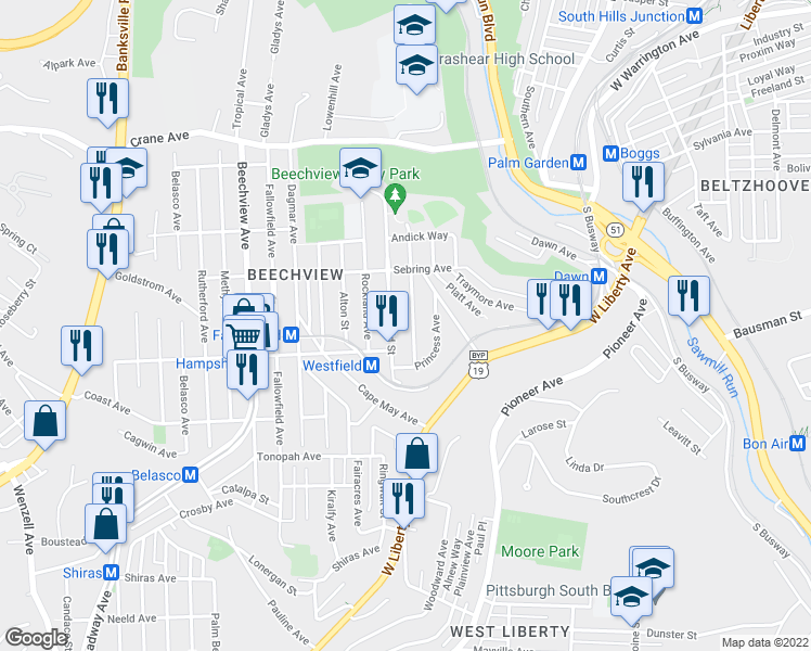 map of restaurants, bars, coffee shops, grocery stores, and more near 1519 Westfield Street in Pittsburgh