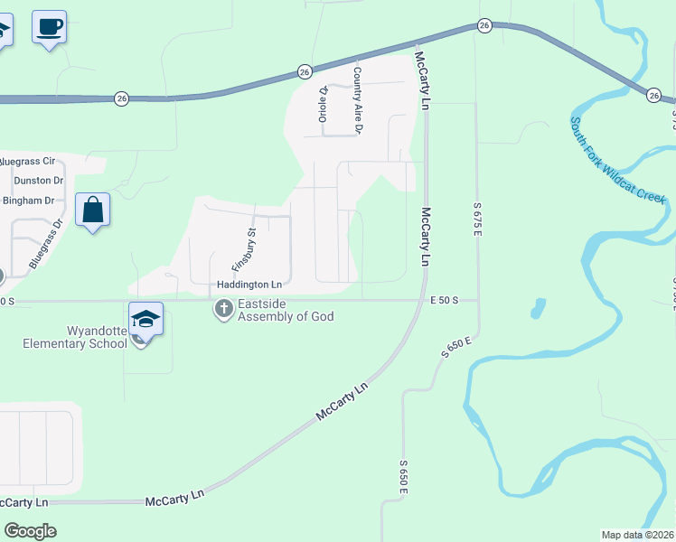map of restaurants, bars, coffee shops, grocery stores, and more near 6473 East 50 South in Lafayette