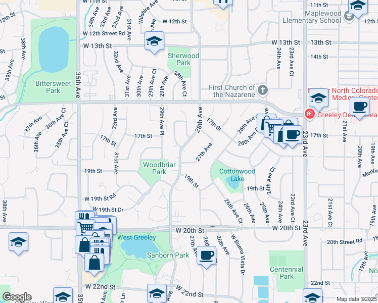 map of restaurants, bars, coffee shops, grocery stores, and more near 1746 28th Avenue in Greeley