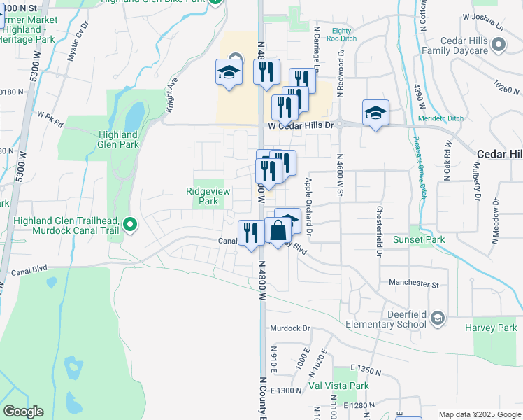 map of restaurants, bars, coffee shops, grocery stores, and more near 1877 North 4800 West in Highland
