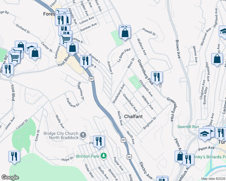 map of restaurants, bars, coffee shops, grocery stores, and more near 118 Avenue F in Pittsburgh