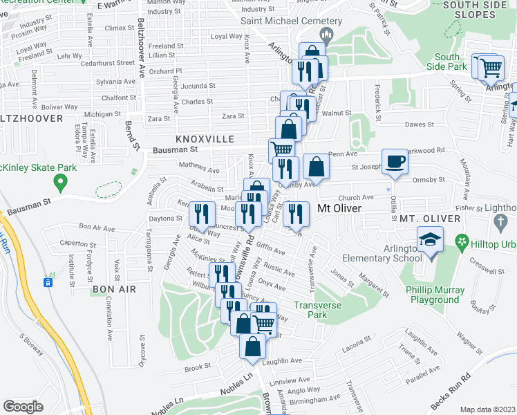 map of restaurants, bars, coffee shops, grocery stores, and more near 520 Brownsville Road in Pittsburgh