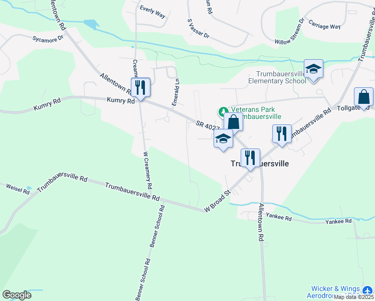 map of restaurants, bars, coffee shops, grocery stores, and more near Oak Drive in Bucks County