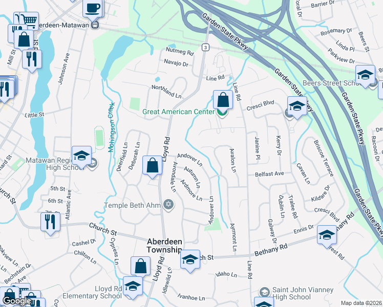 map of restaurants, bars, coffee shops, grocery stores, and more near 120 Andover Lane in Monmouth County