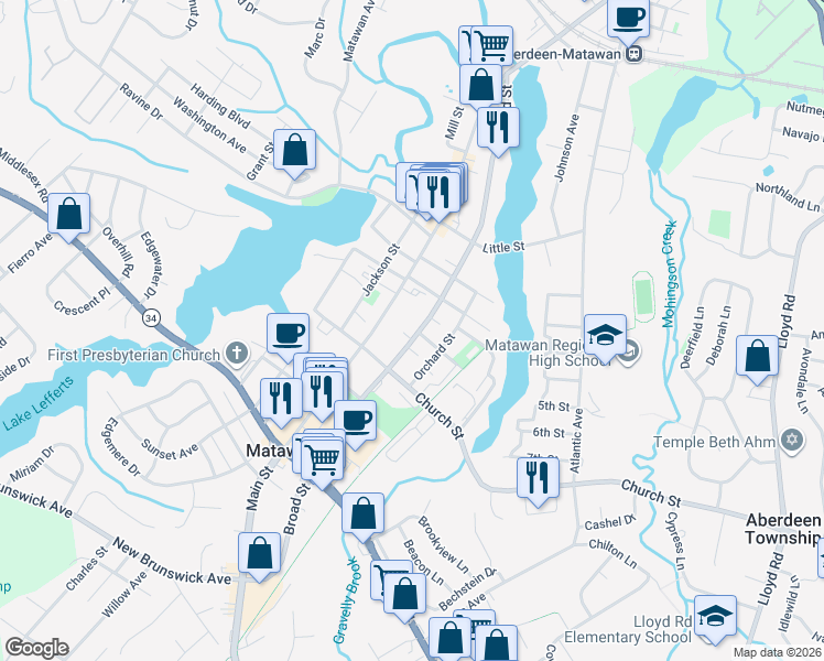 map of restaurants, bars, coffee shops, grocery stores, and more near 156 Broad Street in Matawan