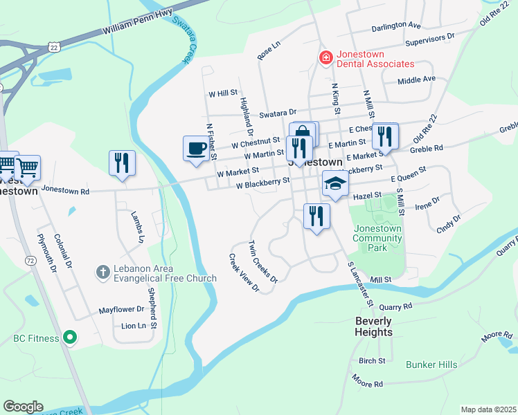 map of restaurants, bars, coffee shops, grocery stores, and more near 9 Williamsburg Drive in Jonestown