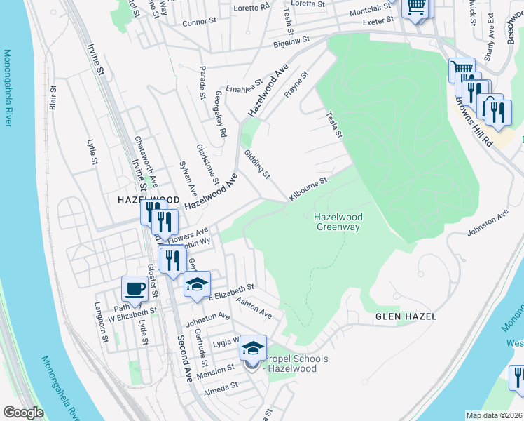 map of restaurants, bars, coffee shops, grocery stores, and more near 401 Kilbourne St in Pittsburgh
