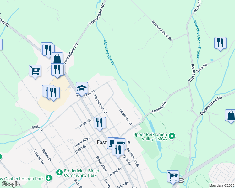 map of restaurants, bars, coffee shops, grocery stores, and more near 1419 Edgeview Street in East Greenville
