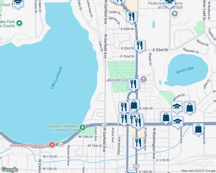 map of restaurants, bars, coffee shops, grocery stores, and more near 1706 North Garfield Avenue in Loveland