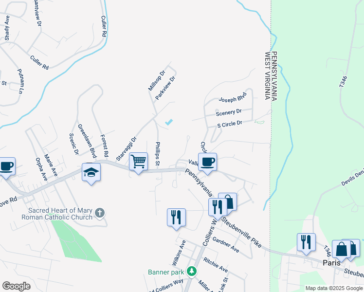 map of restaurants, bars, coffee shops, grocery stores, and more near 135 Harmon Avenue in Weirton