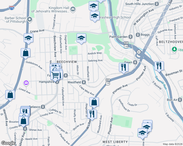 map of restaurants, bars, coffee shops, grocery stores, and more near 1519 Westfield Street in Pittsburgh