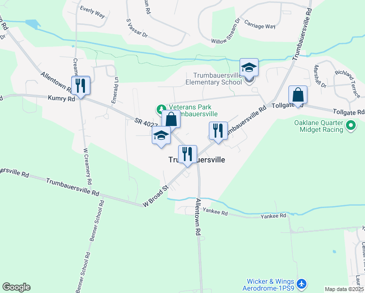 map of restaurants, bars, coffee shops, grocery stores, and more near 26 Main Street North in Trumbauersville